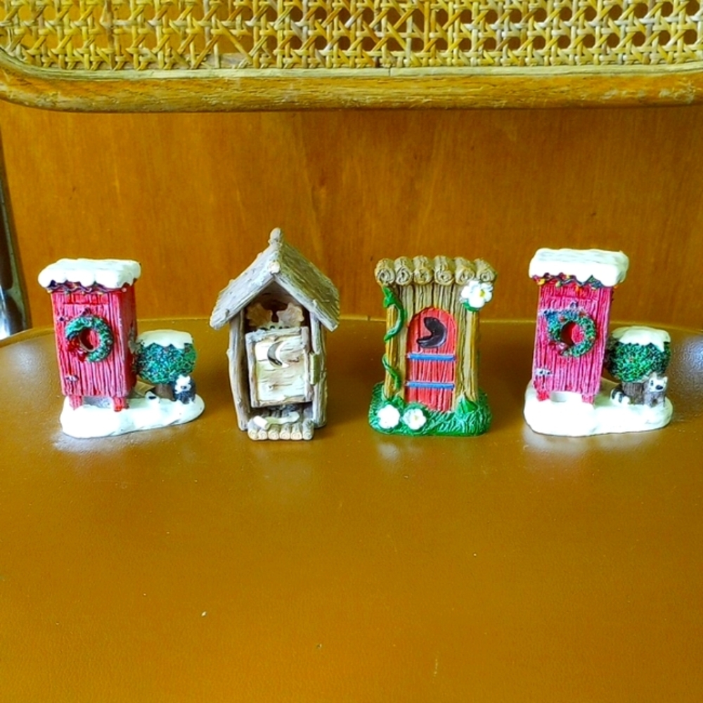 Collection of 4 Outhouse Miniatures, Some of Them are Christmas